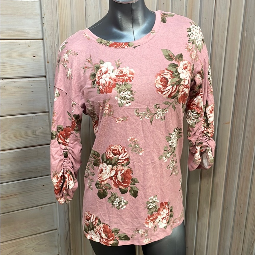 Como Vintage Ruched Pink 3/4 Sleeve Blouse